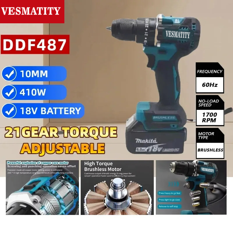 DDF487 10mm ブラシレスコードレスドライバードリル - Makita Drill Ddf484 のレビューと価格